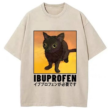 Personality fashion Ibuprofen Black Cat Washed T-Shirt