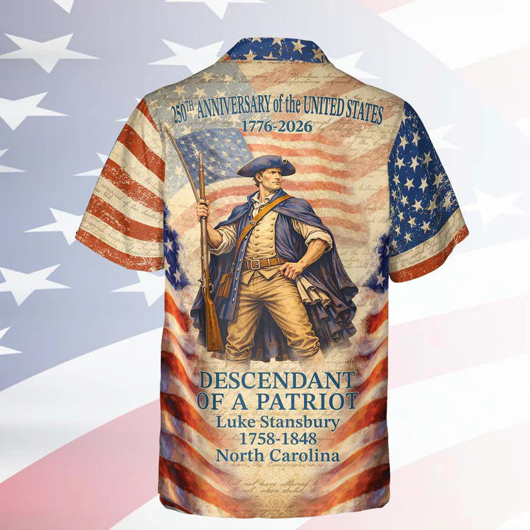 Personalized 250 Years of America Hawaiian Shirt, Custom Name Descendant of a Patriot, Patriotic AOP Shirt 1776-2026 684426