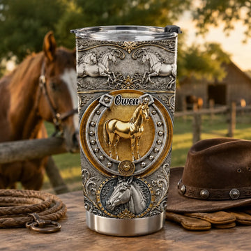 Customized Horse Engraved Thermos Cup - Personalized Name Stainless Steel Tumbler - Western Equestrian Gift For Horse Lovers