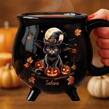 Custom 12oz Ceramic Cauldron Coffee Mug - New Arrival, Personalized Halloween Witchy Gifts For Besties, Sisters, BFF, Family, Yourself - Purrfectly Spooky AMZ
