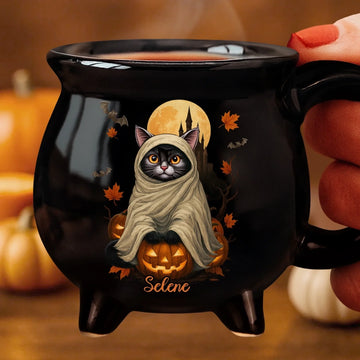 Custom 12oz Ceramic Cauldron Coffee Mug - Personalized Halloween Witchy Gifts For Besties, Sisters, BFF, Family, Yourself - Potion And Purrs