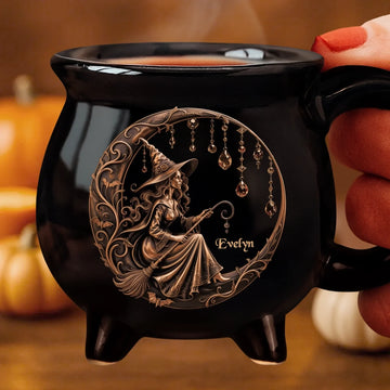 Custom 12oz Ceramic Cauldron Coffee Mug - Personalized Halloween Witchy Gifts For Besties, Sisters, BFF, Family, Yourself - Moonlit Witch Magic