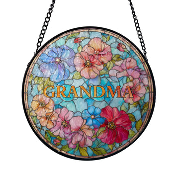 Grandmas Love Shines Brightest Personalized Window Stained Glass Custom Grandma Floral Hanging Suncatcher Gift For Grandmamom Family Gift