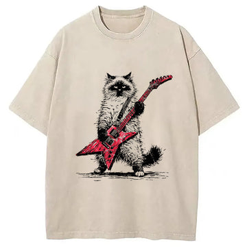 Personality fashion Raccoon Playing Guitar Washed T-Shirt