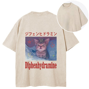Personality fashion Diphenhydramine Cat Funny Meme Back Washed T-Shirt