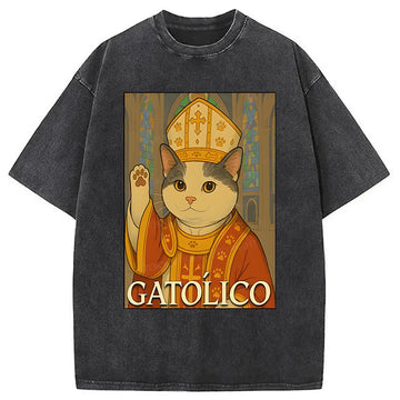 Personality fashion Pope Cat Washed T-Shirt