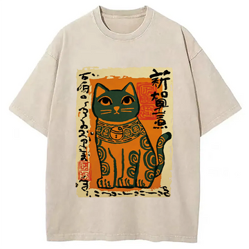Personality fashion Lucky Cat Washed T-Shirt