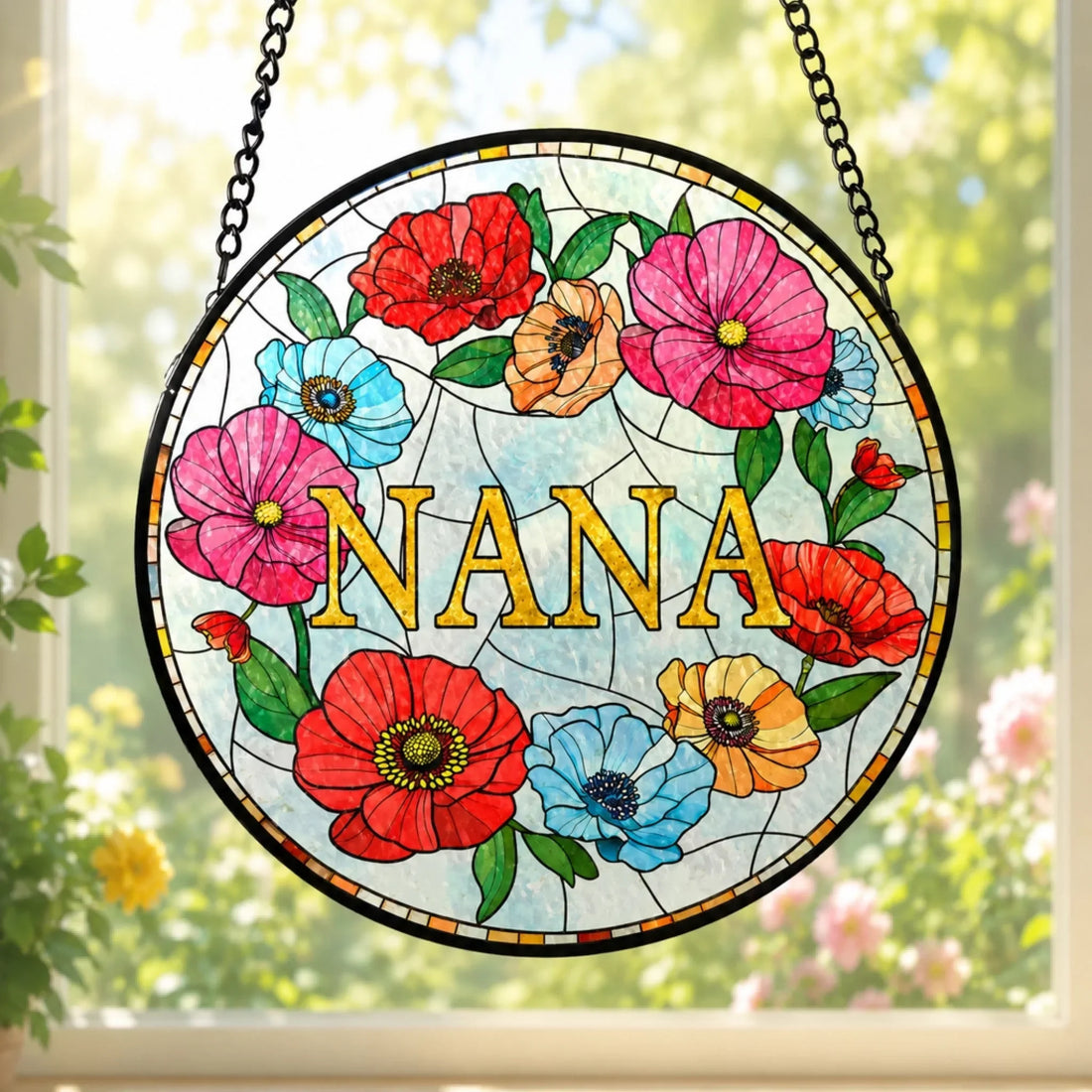 Nanas Garden Blooms With Love Personalized Window Stained Glass Custom Grandma Gift Floral Window Decor Gift From Grandkids