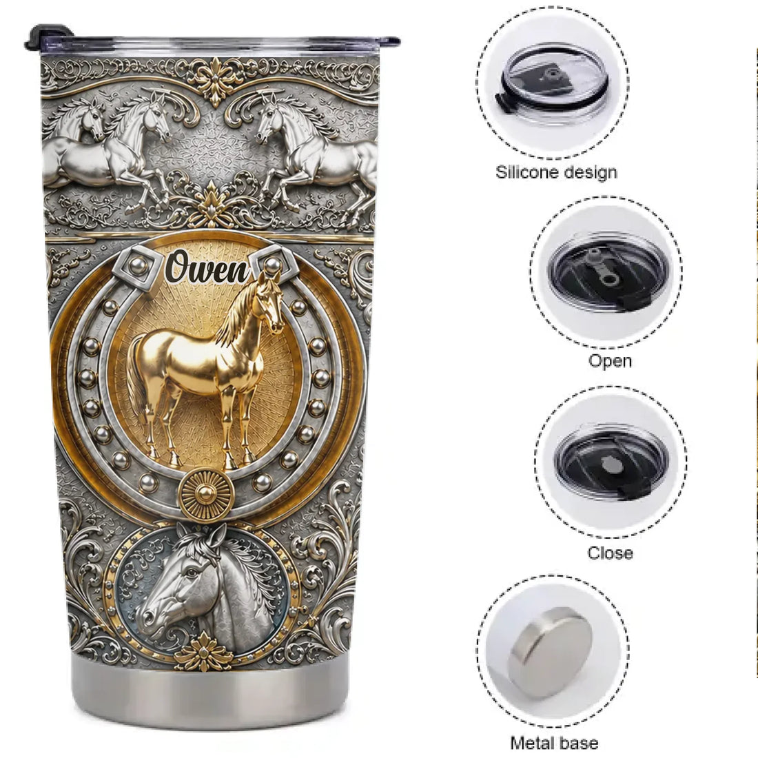 Customized Horse Engraved Thermos Cup - Personalized Name Stainless Steel Tumbler - Western Equestrian Gift For Horse Lovers