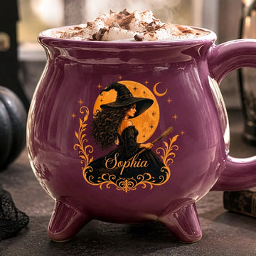 Custom Witchy Cauldron Coffee Mug - Personalized Halloween Gifts For Witch, Wife, Daughter, Besties, Sisters, Granddaughter, Grandma, Mom, Yourself - Moonlit Witch, Golden Magic