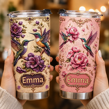 Personalized Hummingbird Floral Thermos Cup - Custom Name Purple & Pink Flower Cup - Gift For Her