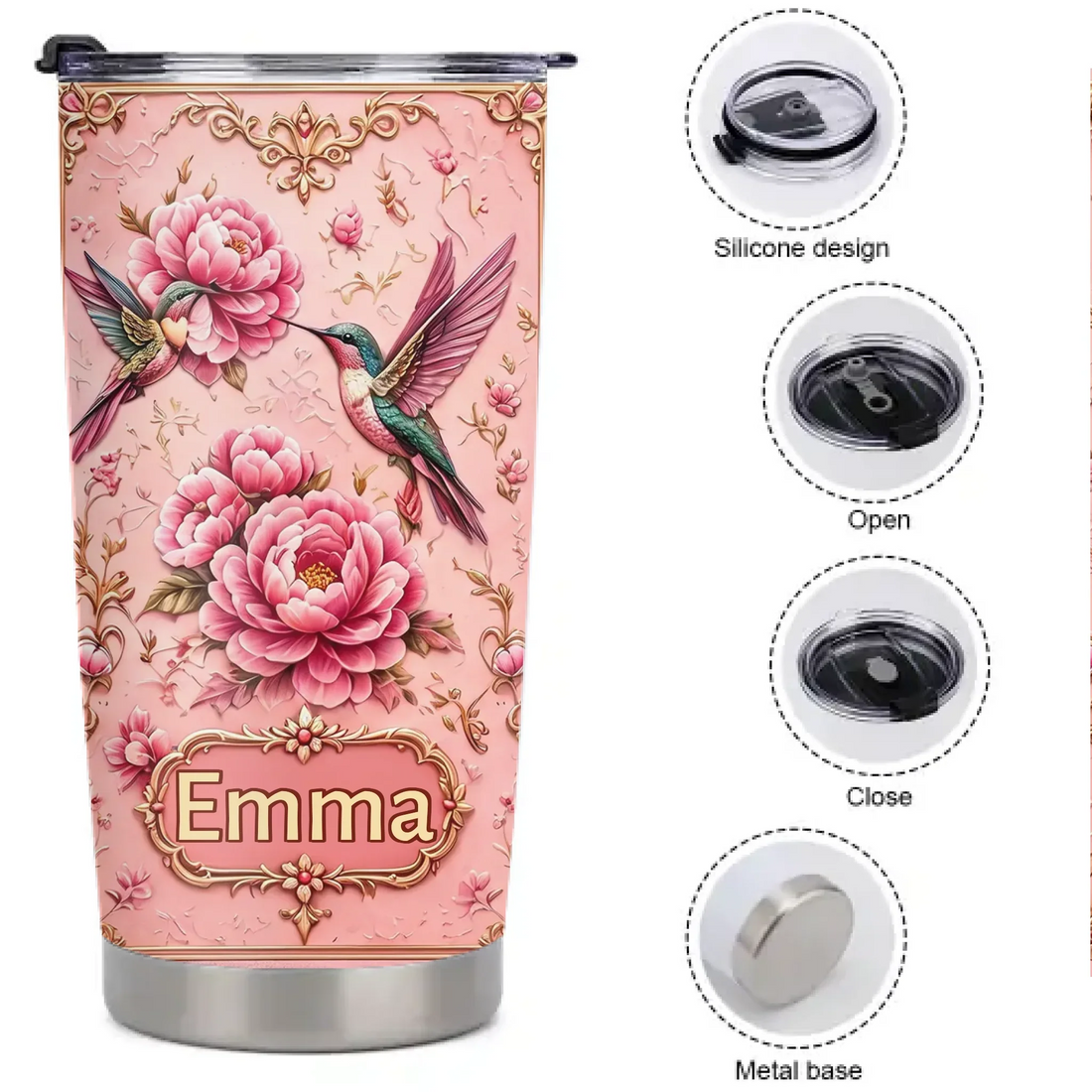 Personalized Hummingbird Floral Thermos Cup - Custom Name Purple & Pink Flower Cup - Gift For Her