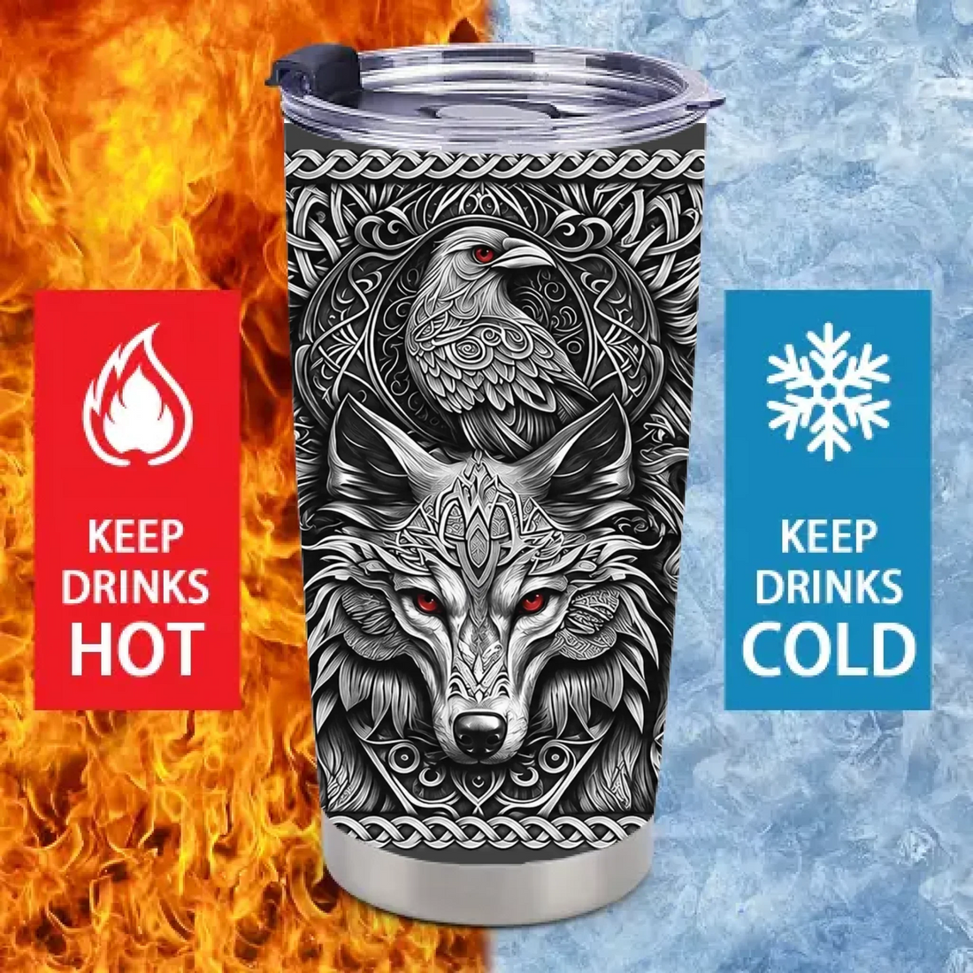 Personalized Norse Viking Thermos Cup - Custom Name Raven Wolf & Viking Warrior Insulated Cup - Gift For Viking Lovers