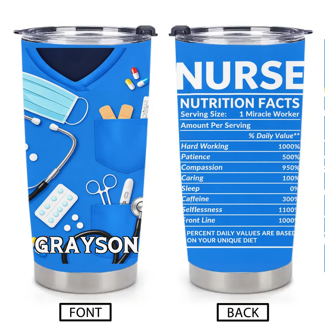 Personalized Nurse Nutrition Facts Tumbler - Custom Name Nursing Appreciation Cup - Gift For Nurses