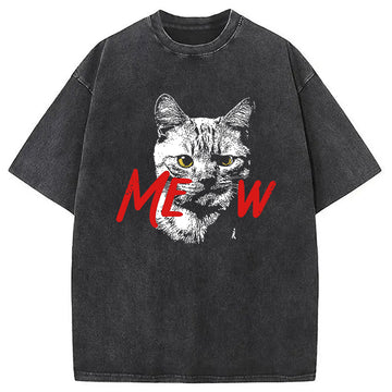 Personality fashion MEOW Cat Funny Washed T-Shirt