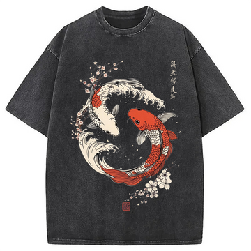 Personality fashion Koi Fish Cherry Blossoms Japanese Washed T-Shirt