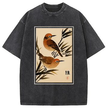 Personality fashion Sparrows Among Bamboo Washed T-Shirt