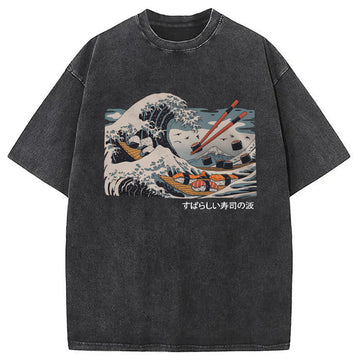 Personality fashion The Great Sushi Wave Washed T-Shirt