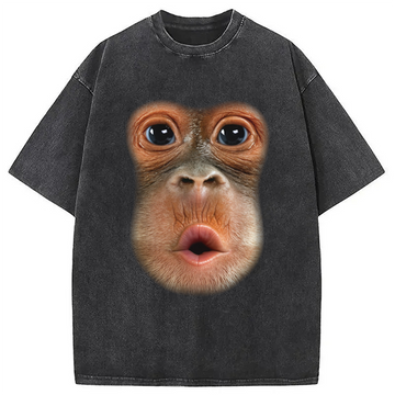 Personality fashion Monkey Stomach Funny Meme Washed T-Shirt