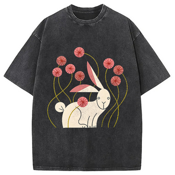 Personality fashion Rabbit and Wildflowers Washed T-Shirt