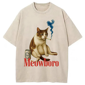 Personality fashion Cigarette Kitten Smoking Cat Meme Washed T-Shirt