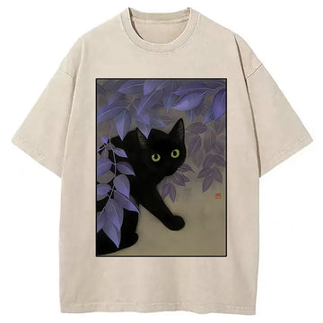 Personality fashion Cat Under The Flowers Washed T-Shirt