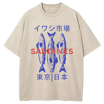 Personality fashion Japan Sardines Market Washed T-Shirt