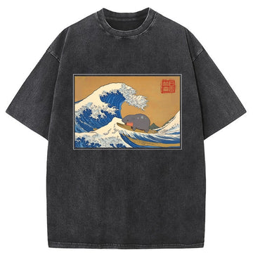 Personality fashion Great Wave Off Moo Deng Washed T-Shirt