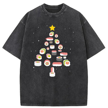 Personality fashion Sushi Christmas Tree Washed T-Shirt