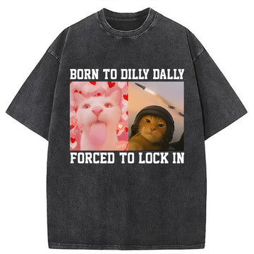 Personality fashion Cursed Cat Meme Washed T-Shirt