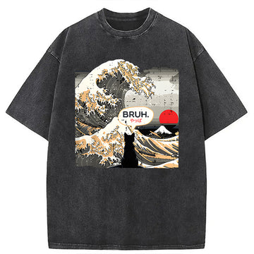 Personality fashion Bruh Cat Great Wave Washed T-Shirt