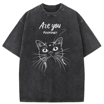 Personality fashion Black Cat Are You Pooping Washed T-Shirt