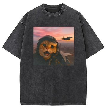 Personality fashion Funny Fighter Pilot Cat Washed T-Shirt