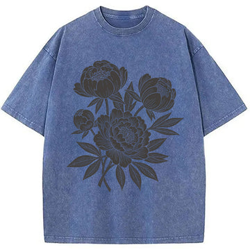Personality fashion Linocut Floral Washed T-Shirt