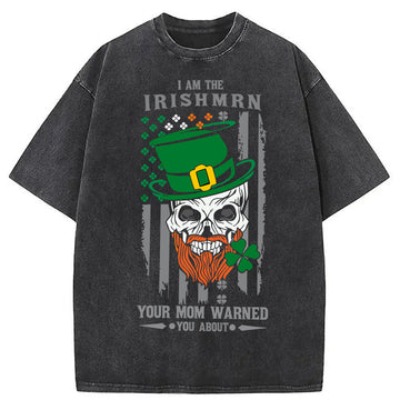 Personality fashion Clover Skull St. Patrick's Day Washed T-Shirt