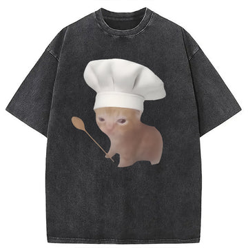 Personality fashion Funny Culinary Kitty Meme Washed T-Shirt