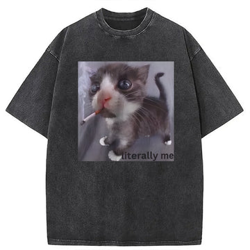 Personality fashion Literally Me Smoking Cat Washed T-Shirt