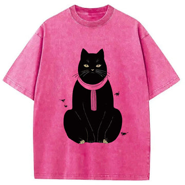 Personality fashion Japanese Cat With Scarf Washed T-Shirt