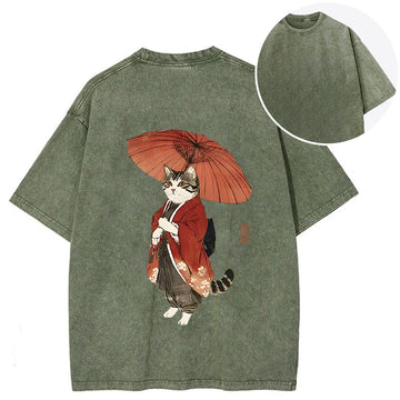 Personality fashion Elegant Cat Holding Umbrella Back Washed T-Shirt
