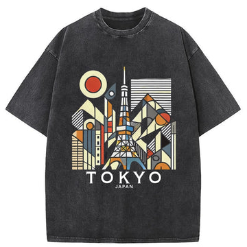 Personality fashion Tokyo 3D Architecture Washed T-Shirt