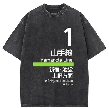 Personality fashion Tokyo Yamanote Line Platform Sign Washed T-Shirt