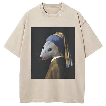 Personality fashion Opossum with Pearl Earring Washed T-Shirt