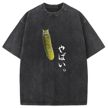Personality fashion Yabai Pickle Cat Washed T-Shirt