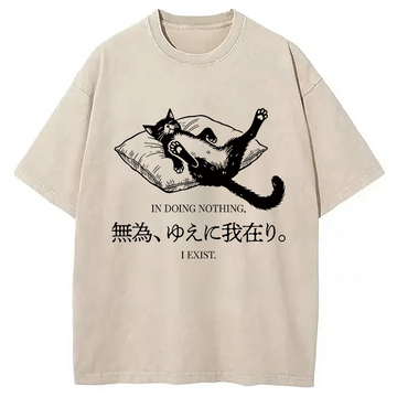 Personality fashion Minimalist Lazy Cat Washed T-Shirt