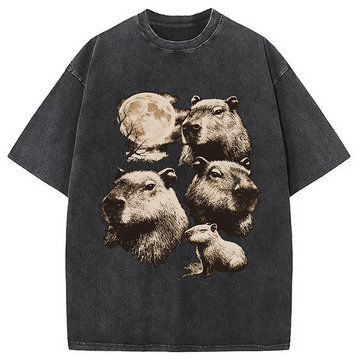 Personality fashion Capybara Full Moon Washed T-Shirt