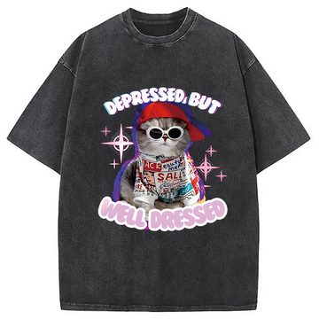 Personality fashion Depressed But Well Dressed Washed T-Shirt