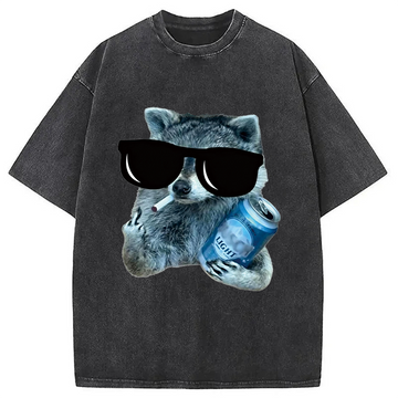 Personality fashion Raccoon Drinking Beer Washed T-Shirt
