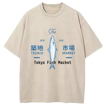 Personality fashion Tsukiji Tokyo Fish Market Vintage Washed T-Shirt