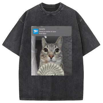 Personality fashion Ring Cat with Motion Meme Washed T-Shirt