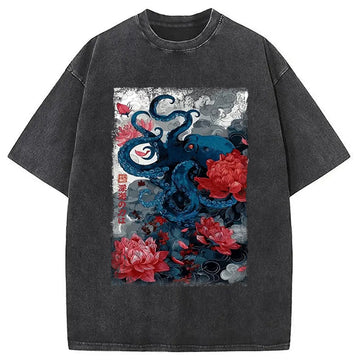 Personality fashion Deep Sea Retro Octopus Washed T-Shirt